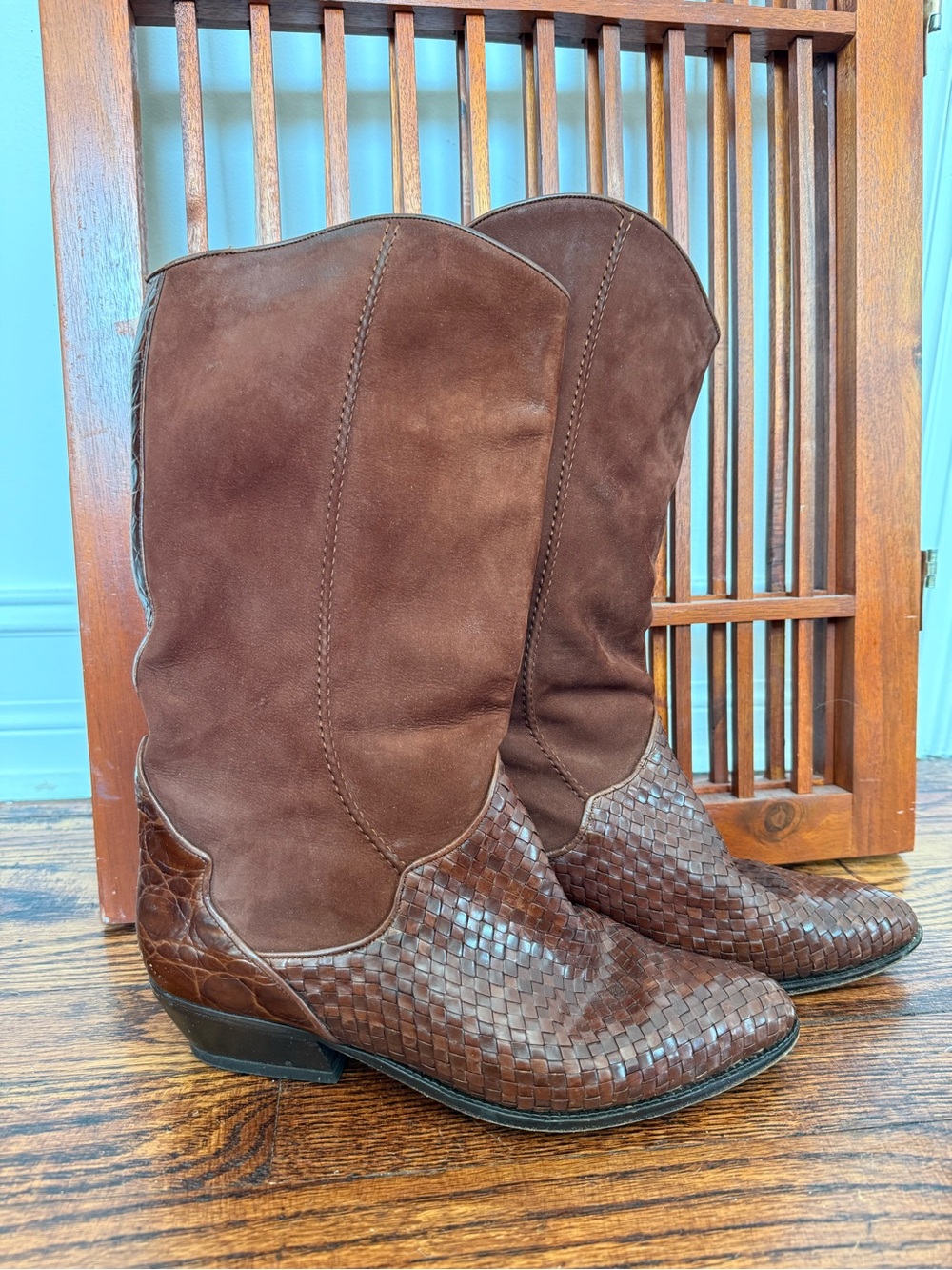 Vintage Via Spiga Brown Woven Leather & Suede Boots